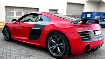 German Rush GR8CFGTWNGHI0713
Wing GT HI Style for Audi R8 2007-2015 in Carbon Fiber or Fiberglass 
Audi R8 1st Gen Carbon Fiber GT HI Factory style Spoiler with carbon fiber or fiberglass base. The wing is shipped as one piece, base and wing.The R8 "HI" Wing is 1 inch taller than the standard GT Wing We use Vacuum form fiberglass or vacuum form carbon fiber, the choice is yours. 
