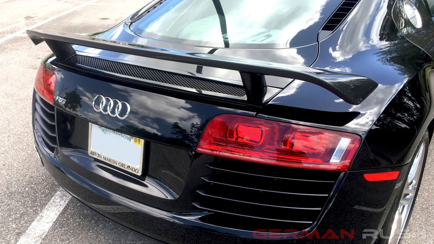 German Rush GR8CFGTWNGHI0713
Wing GT HI Style for Audi R8 2007-2015 in Carbon Fiber or Fiberglass 
Audi R8 1st Gen Carbon Fiber GT HI Factory style Spoiler with carbon fiber or fiberglass base. The wing is shipped as one piece, base and wing.The R8 "HI" Wing is 1 inch taller than the standard GT Wing We use Vacuum form fiberglass or vacuum form carbon fiber, the choice is yours. 
